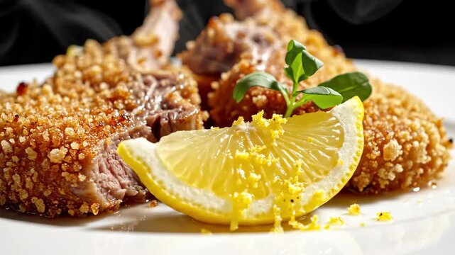 Crispy breaded lamb cutlets steaming on a plate. Gourmet meat dish with a fresh lemon garnish. Fine dining and culinary concept