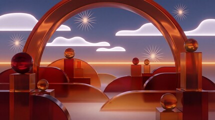 3d render, abstract background, red gold podium, geometric shapes, surreal landscape, product display, architectural arch, metallic spheres, glowing clouds, sunset scene, modern stage, luxury design.