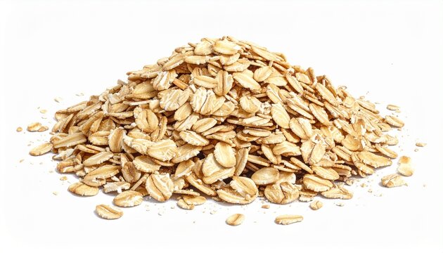 A pile of rolled oats, a healthy breakfast ingredient, presented on a clean white background, showcasing the texture and quality of the oats