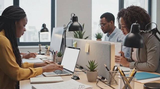 Woman focused on paperwork at desk while colleagues engage in discussion, collaborative workspace with laptops and office supplies in view