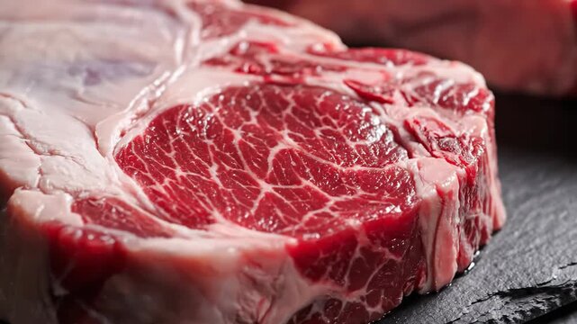 A close-up of a raw lamb loin steak with beautiful marbling. Fresh uncooked red meat rotating on a black slate board. Gourmet food preparation concept.