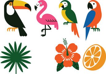 Colorful tropical birds and nature icons set isolated on white background featuring toucan, flamingo, parrots, flowers and fruits, flat vector illustration for design, wildlife concepts © Mst