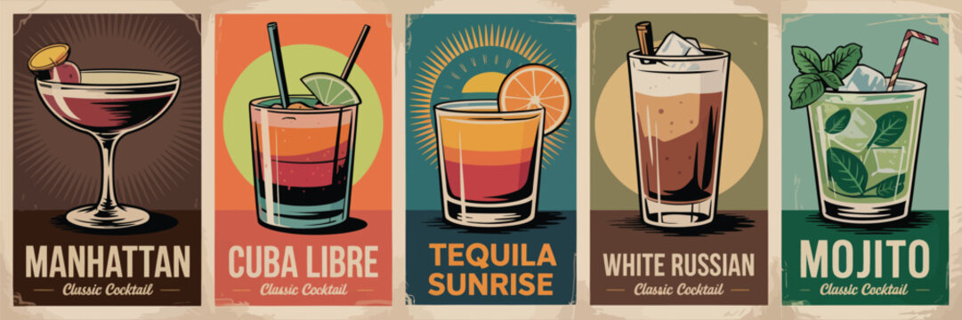 Classic Cocktail Posters Manhattan, Cuba Libre, Tequila Sunrise, White Russian, Mojito