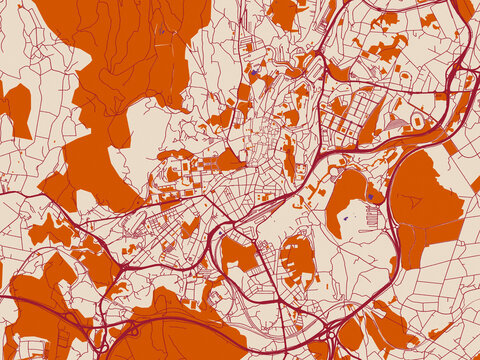 Minimal city map of Santiago de Compostella, Spain with cream and burgundy map