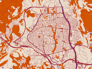 Obraz premium Urban map poster of Terrassa, Spain with cream-toned map field with burgundy roads, terracotta highlights and muted violet water shapes