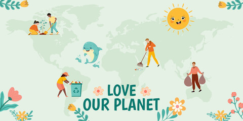 Obraz premium People around the world cleaning nature, recycling waste, planting trees, and protecting oceans, promoting environmental care, sustainability, and global unity. Earth day. Vector art