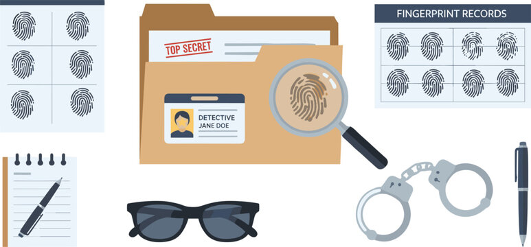Detective Investigation Tools Illustration Set Featuring Fingerprint Records, Magnifying Glass, Handcuffs, Files, and Notepad