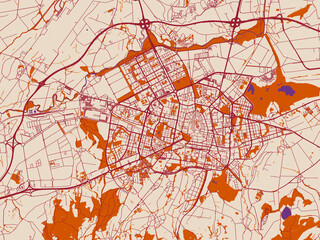 Obraz premium Urban map poster of Vitoria, Spain with warm neutral background with burgundy linework streets, terracotta blocks and violet water contrast