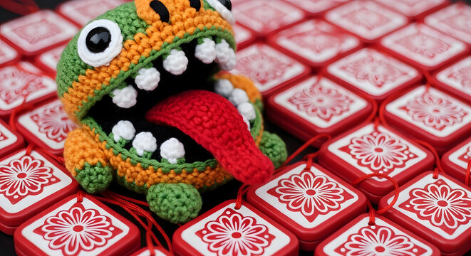 A cute, crocheted green monster toy with a red tongue sits on a bed of red patterned squares