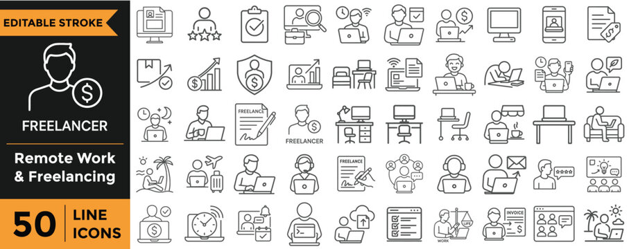 Illustration of 50 line icons set for freelancer, remote work and freelancing concept