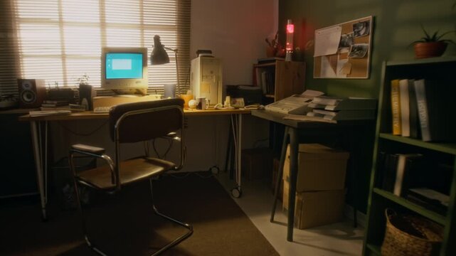 Full no people shot of office desk in living room of eighties family home, representing old computer with blinking blue screen, chair, lava lamp on bookcase, pin board on wall, at daytime