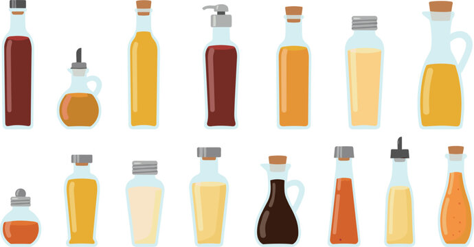 Assorted Sauce and Condiment Bottle Illustration Set Featuring Oil, Vinegar, Syrup, Dressing, and Flavoring Containers
