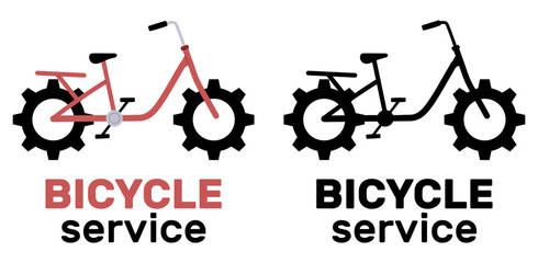 Logo design for bicycle repair service. Bike workshop. Maintenance fixing. Garage for cycle tuning or renovation. Transport mechanic shop. Biking label. Vector silhouette flat icons set