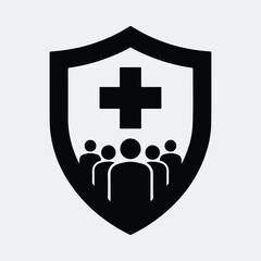 Obraz premium Medical shield with cross and group of people silhouette vector illustration