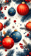 Festive Christmas Ornaments and Evergreen Branches Holiday Background.