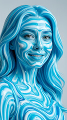 Artistic portrait of a smiling woman with skin made of swirling blue and white liquid marble texture creating a unique piece of digital surrealism