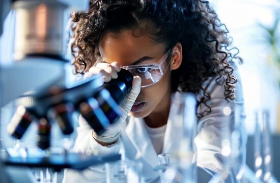 An African American woman in a lab coat examines samples through a microscope, demonstrating meticulous attention to detail and scientific exploration in a modern laboratory environment