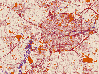 Obraz premium City map of Rennes, France — cream-toned map field with burgundy roads, terracotta highlights and muted violet water shapes