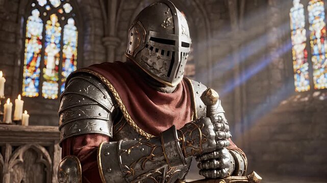 A knight in full armor kneels in a gothic church, holding a sword, with sunlight streaming through stained glass.