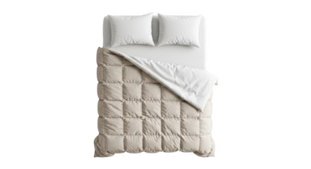 Top view of a cozy bed with two pillows and a beige down comforter isolated on transparent background