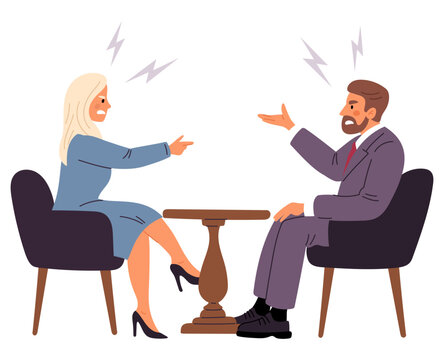 Businesswoman and businessman argue during business negotiations. Man and woman cannot find common ground. Office furious communication. Partners deal. Conflict discussion. Vector concept
