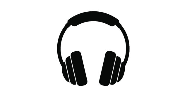 Simple black and white silhouette icon representing over ear headphones for audio listening