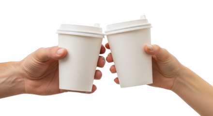 Two hands toasting with coffee cups male and female hands isolated on transparent background