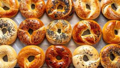 Assorted bagels with various toppings arranged neatly on a flat surface viewed from directly above