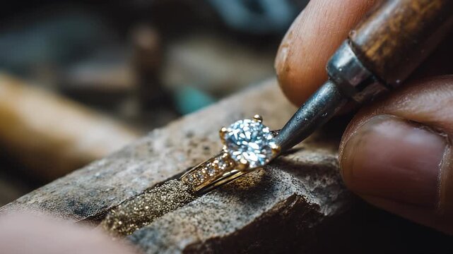 Skilled goldsmith meticulously crafting a diamond engagement ring, showcasing intricate jewelry design and precision metalwork.