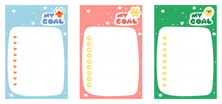 Brightly colored pages for childrens planner. Schedule organizer or goals checklist. Tasks list for notes. School stationery. Diary template. Office notebook. Lines sheets vector set