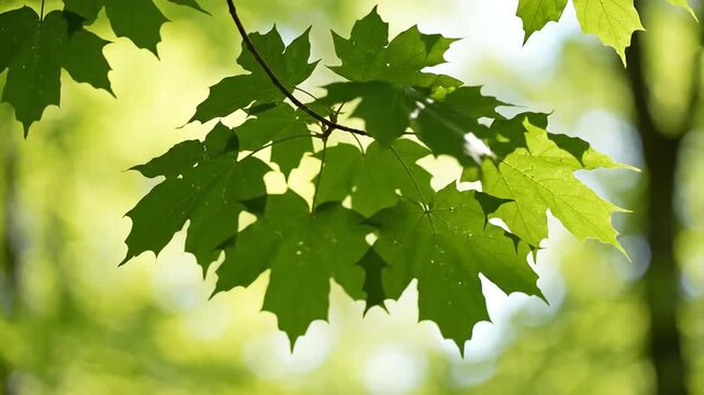 Vibrant Green Maple Leaves Branch Sunlight Forest Nature Background.