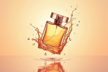 Floating luxury perfume bottle surrounded by golden liquid splash and droplets on warm pastel background
