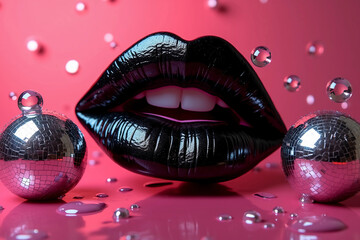 Glossy black lips close-up with floating water droplets and mirrored disco balls on hot pink background