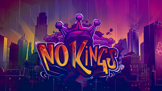 Inscription words "NO KINGS", bold characters and letters. Spray painted tag, political activism. Wallpaper and background resource.