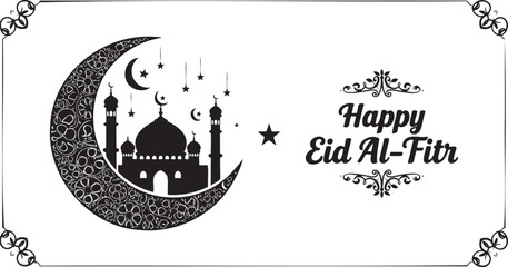 Happy eid al-fitr greeting card with crescent moon, mosque silhouette, and stars