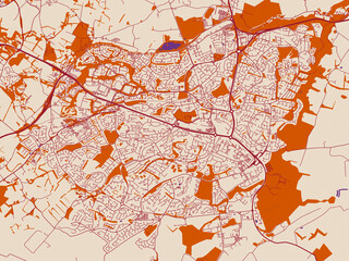 Cartographic city illustration of East Kilbride, United Kingdom &mdash; minimal cream city base with wine-red streets, terracotta accents and soft purple water areas