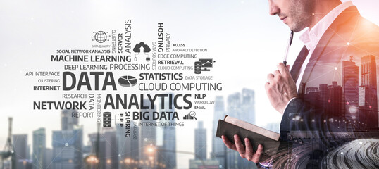 A business professional examines data analysis concepts with a stunning cityscape in the background, showcasing the synergy between technology and analytics. Tessel