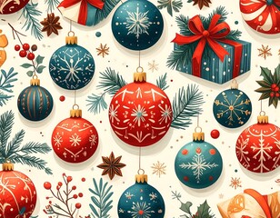 Festive Christmas Ornaments and Gifts Background Illustration.