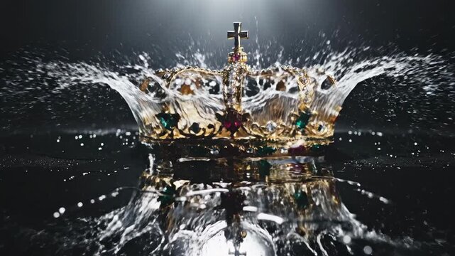 Majestic Crown Adorned: A resplendent golden crown, bedazzled with jewels, is artfully positioned amidst a stunning display of water, symbolizing regality and authority. 