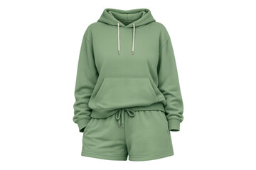 Naklejka premium Sage green female hoodie and shorts set, casual loungewear garment, comfortable sportswear sweatshirt, transparent background mockup