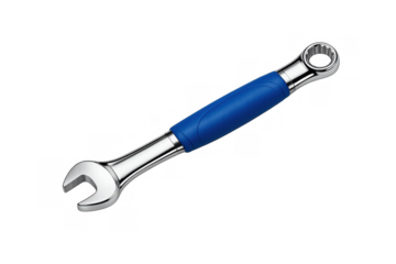 Combination wrench with blue handle, chrome finish, steel tool for mechanic, repair, and maintenance work with transparent background