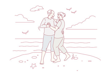 Happy active lifestyle of mature people concept. Smiling happy positive elderly couple man and woman standing dancing and enjoying weekend on beach vector illustration