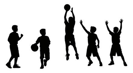 Silhouettes of basketball players in various dynamic poses.