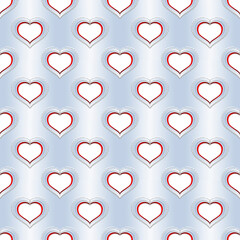 Hearts are frames with a red inner border. Seamless pattern for printing and textiles. Silver background.