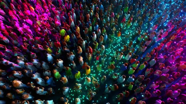 Aerial View of a Vibrant Crowd Surrounded by Colorful Lights, Showcasing Interactivity, Energy and Engagement in a Dynamic Setting with Vivid Visuals and Gathered Individuals