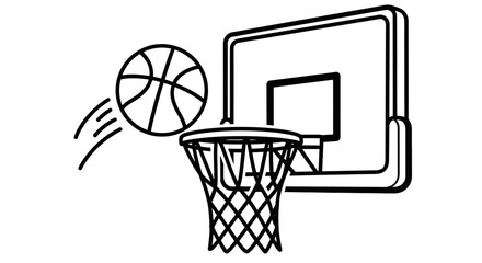 Simple line drawing of basketball going through hoop. © Khansa505