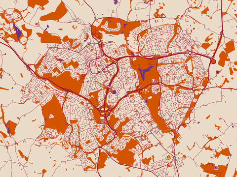 Street map of Redditch, United Kingdom in warm boho color palette