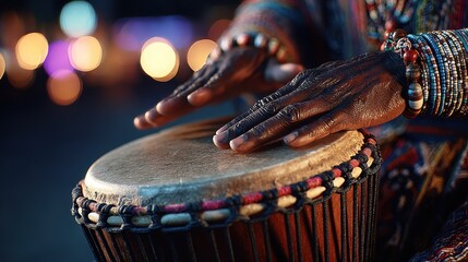 Close up of hand playing traditional djembe drum with colorful decorations at night event with lights in background