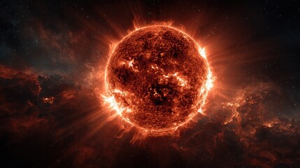 Large solar explosions on the sun with realistic red planet effects in the background during an astronomical event in space