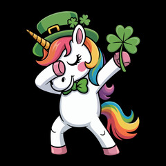 A whimsical unicorn with a rainbow mane is dabbing while wearing a green clover-adorned hat. It holds a large green shamrock in one hoof.